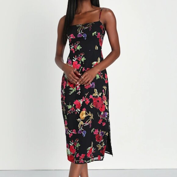 Lulus Dresses & Skirts - Lulus Black Floral Burnout Sleeveless Midi Cocktail Dress Medium Date Night NEW